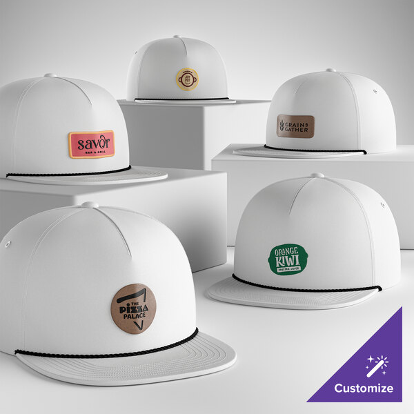 A collection of customizable white and black 5-panel camper caps with rope detail, each featuring different logo designs on the front.