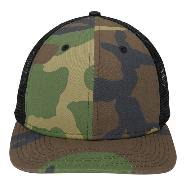 New Era NE207 Customizable Camo / Black 6-Panel Trucker Cap with Mesh Back - Structured, Low Profile