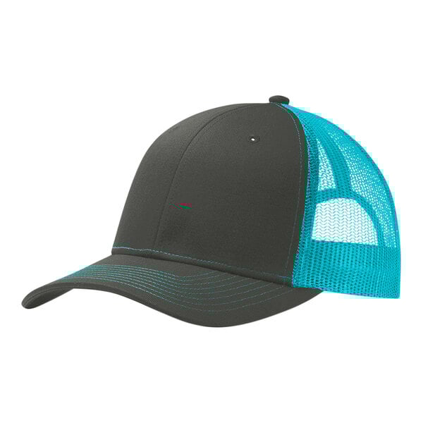 A grey and neon blue Port Authority trucker hat with a black mesh back.