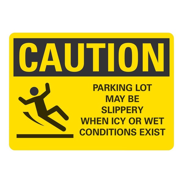 A white rectangular Lavex adhesive safety label with a yellow and black "Caution: Parking Lot May Be Slippery When Icy Or Wet" sign.