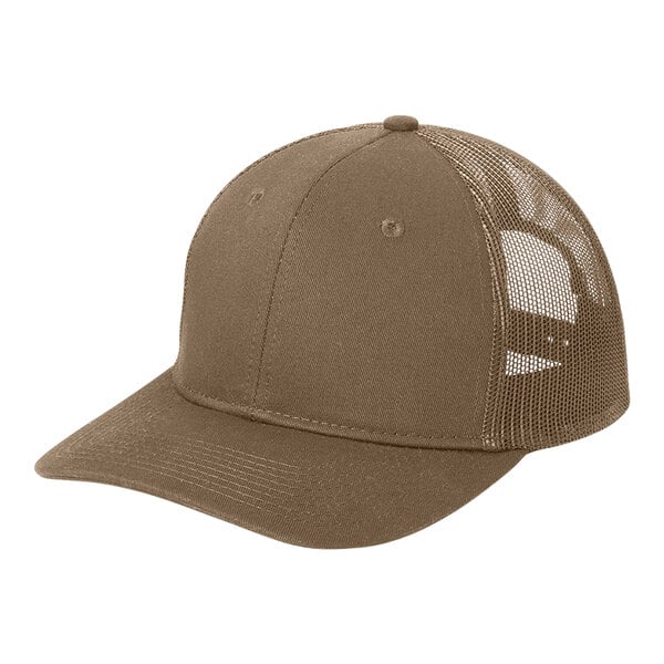 A brown Port Authority trucker cap with a mesh back.