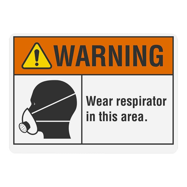 A Lavex adhesive vinyl safety label with the words "Warning Wear Respirator In This Area" and a profile of a person wearing a mask.