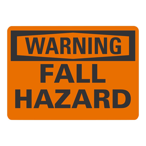 A white rectangular Lavex adhesive vinyl label with an orange and black warning sign that reads "Warning / Fall Hazard"