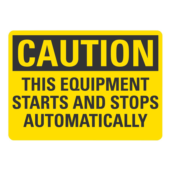 A yellow and black rectangular Lavex safety label with white text that reads "Caution This Equipment Starts And Stops Automatically"