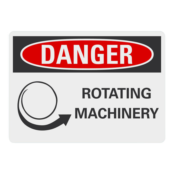 A white rectangular plastic sign with black text reading "Danger / Rotating Machinery" and a circular arrow.