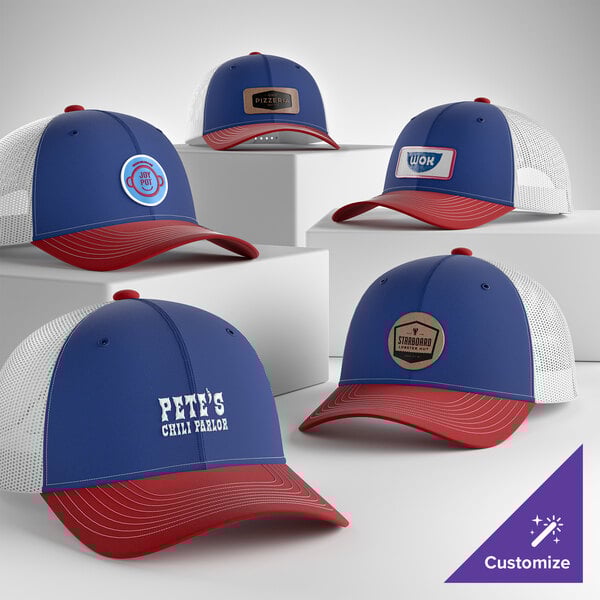 A collection of customizable 6-panel trucker caps in patriot blue, flame red, and white with mesh backs and various logo designs.