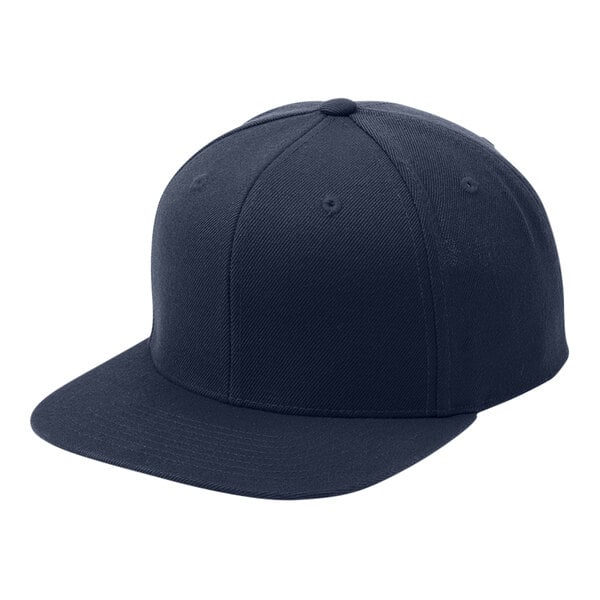 A navy Sport-Tek 6-panel cap with a flat bill.