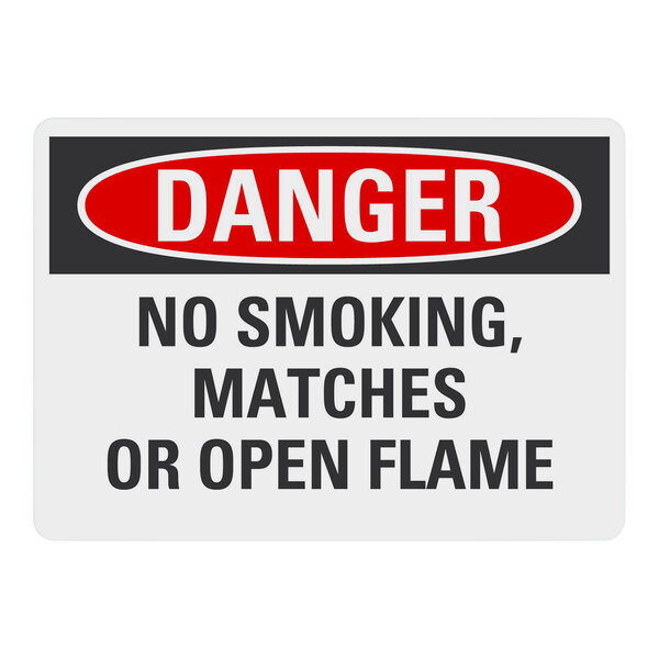 A Lavex plastic safety sign with black and white text that reads "Danger / No Smoking, Matches Or Open Flame" 