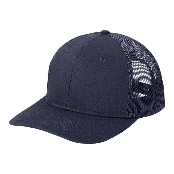 A navy blue Port Authority trucker cap with a mesh back.