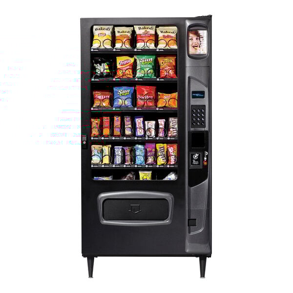 A Selectivend snack vending machine with shelves of snacks and chips.