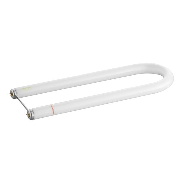 A Satco Cool White fluorescent light bulb with a U-shaped white tube and metal ends.