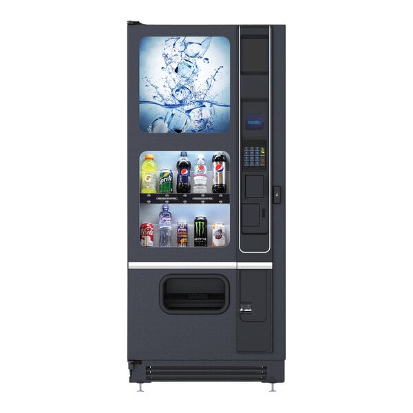 A white vending machine with drinks on shelves.