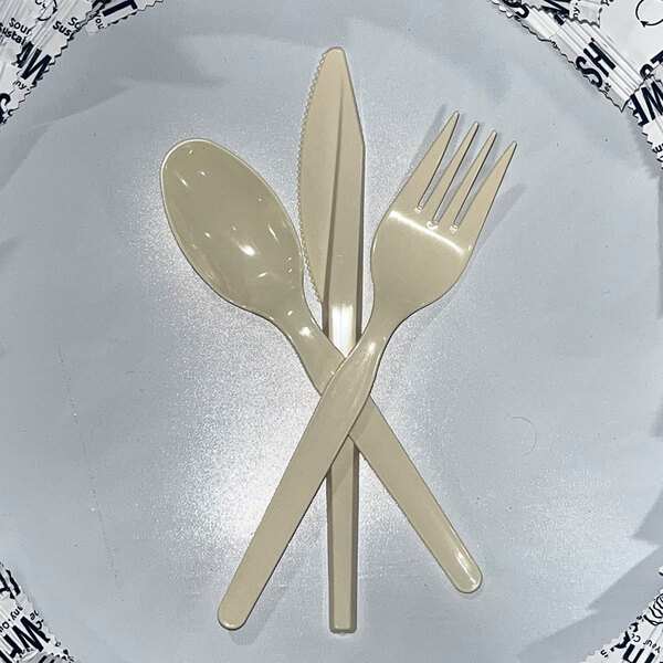 A set of beige plastic cutlery including a spoon, knife, and fork arranged on a plate.