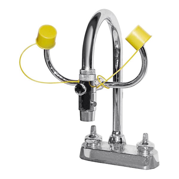 A Bradley faucet mount eyewash with yellow caps.