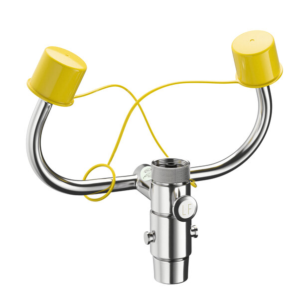 A chrome-plated brass universal faucet mount eyewash with yellow protective caps.