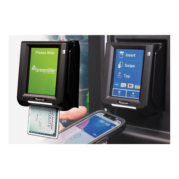 A finger using a credit card and cell phone to touch the VEND MACH SANI-CENTER screen.