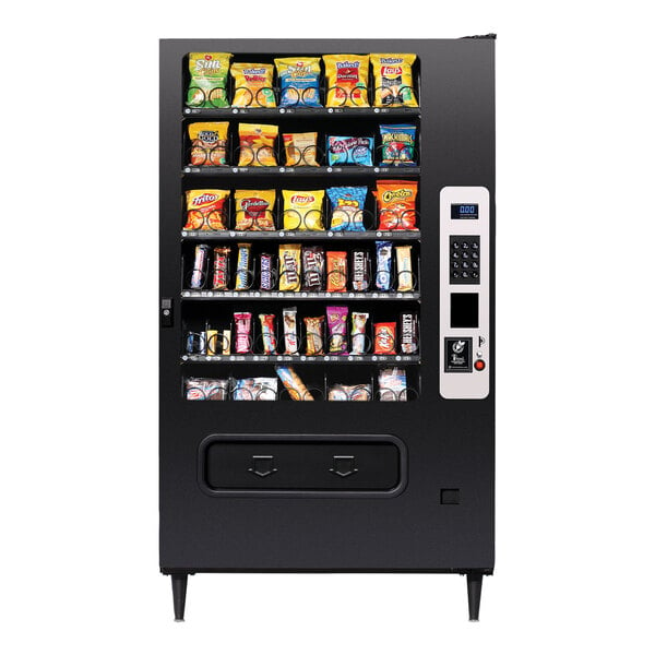 A black vending machine filled with snacks on shelves.