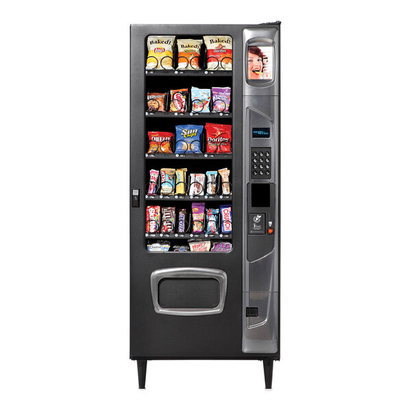 A vending machine with snacks on shelves.