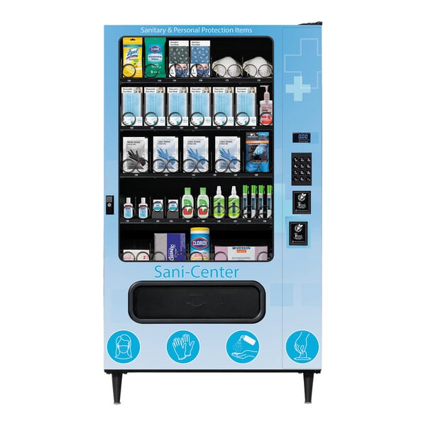 A VEND MACH SANI-CENTER vending machine with various items.