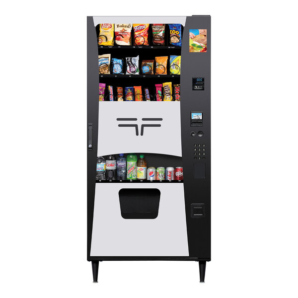 A white vending machine with snacks and drinks.