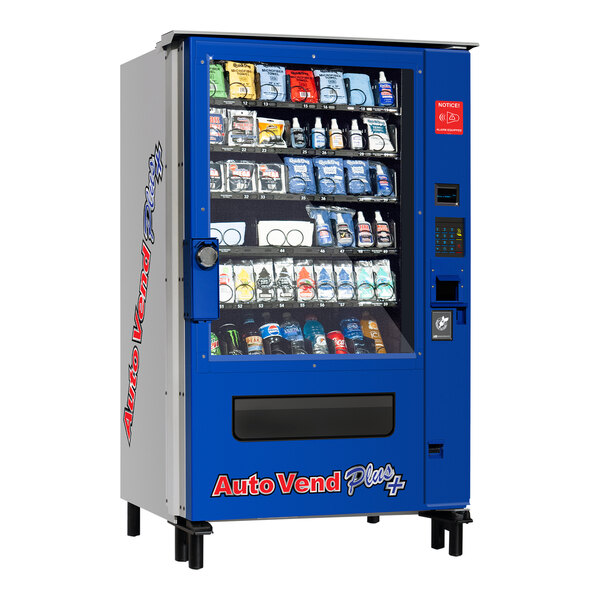 A blue and white vending machine with various items.
