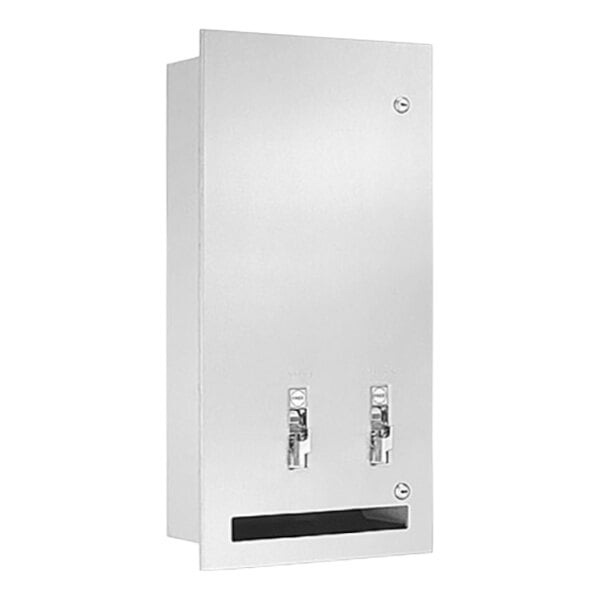 A stainless steel Bradley sanitary napkin/tampon dispenser with two doors.