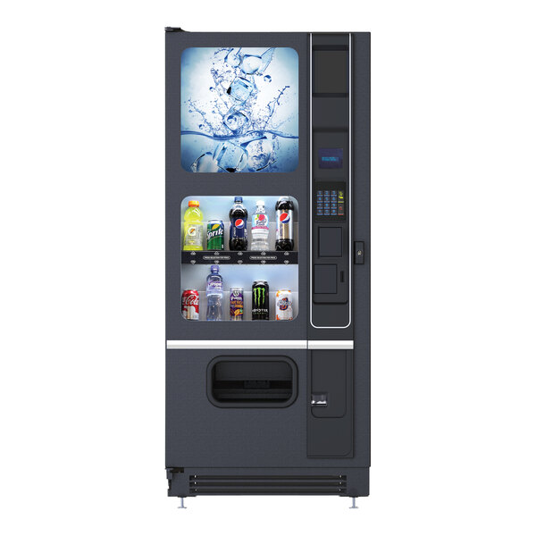 A white VEND MACH CD 10 SLT vending machine with drinks on shelves.