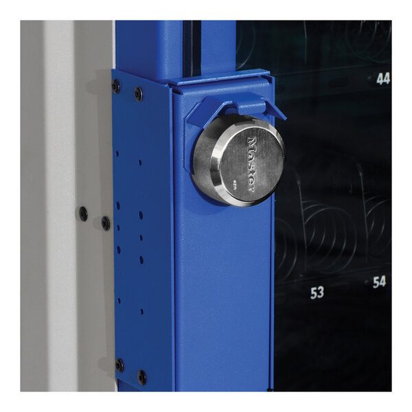 A blue and white car wash vending machine with a round metal lock and blue handle.