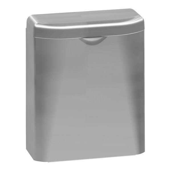 A silver rectangular Bradley Diplomat sanitary napkin disposal container with a lid.