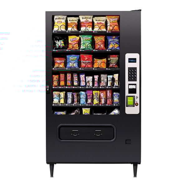 A Selectivend snack vending machine with snacks on shelves.