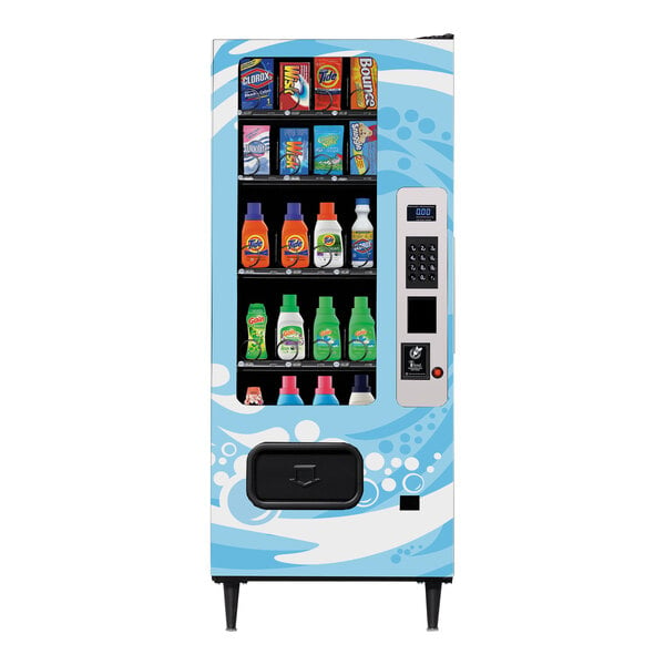 A white vending machine with drinks and snacks inside.