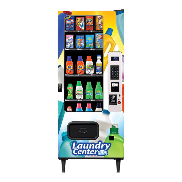 A white Selectivend laundry supply vending machine with various items in it.