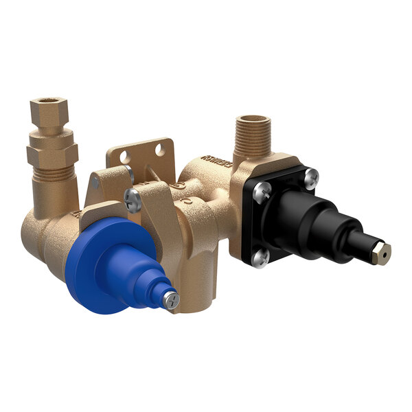 A close-up of two brass valves with blue handles on a white background.