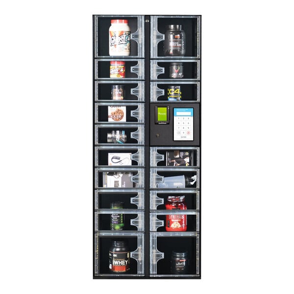 A Selectivend standalone smart retail locker with 18 compartments filled with different items.