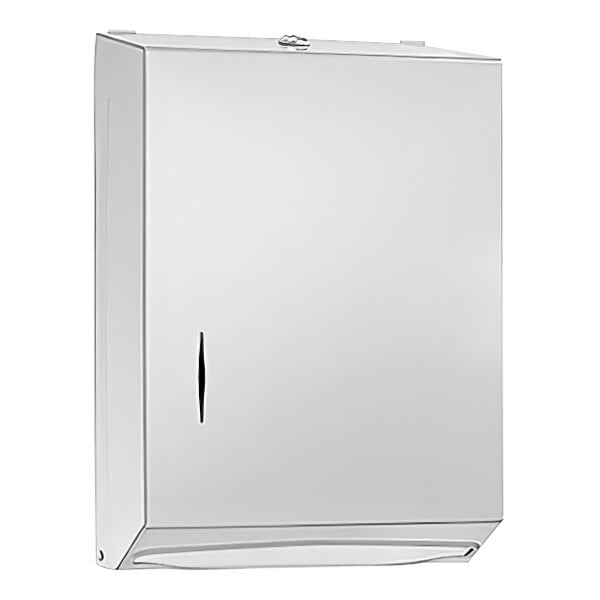 A stainless steel surface-mounted paper towel dispenser.