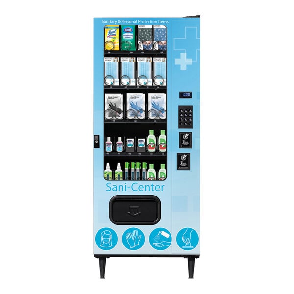 A VEND MACH SANI-CENTER vending machine with various cleaning supplies inside.