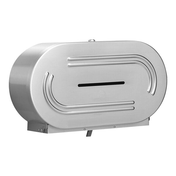 A stainless steel Bradley surface-mounted toilet paper dispenser.