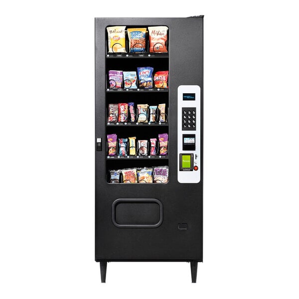 A white Selectivend vending machine with snacks on shelves.