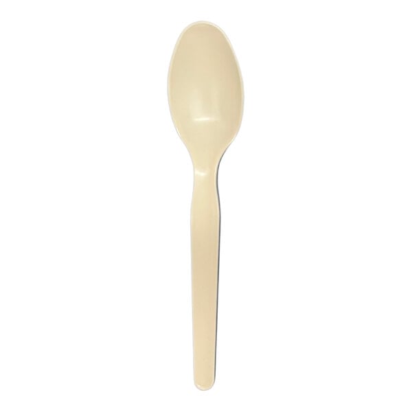 A StrawFish up-cycled natural plastic spoon with a white handle.