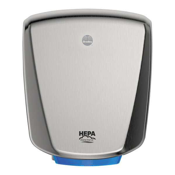 A stainless steel Bradley Aerix+ hand dryer with blue accents.