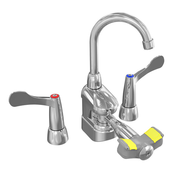 A Bradley deck-mounted swing-activated eyewash faucet with two handles.
