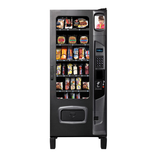 A black vending machine with snacks inside.