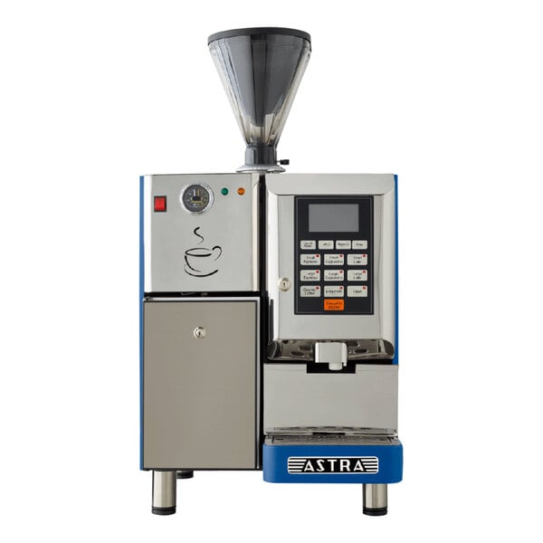 A blue and white Astra Super Mega automatic coffee machine with a screen and buttons.