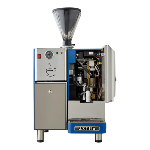 An Astra Super Mega I automatic coffee machine in blue and white with the lid open.