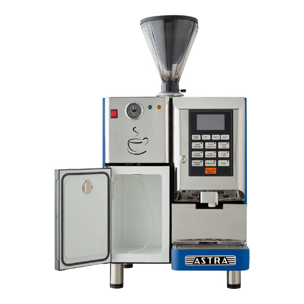 A blue Astra Super Mega I automatic coffee machine with the lid open.