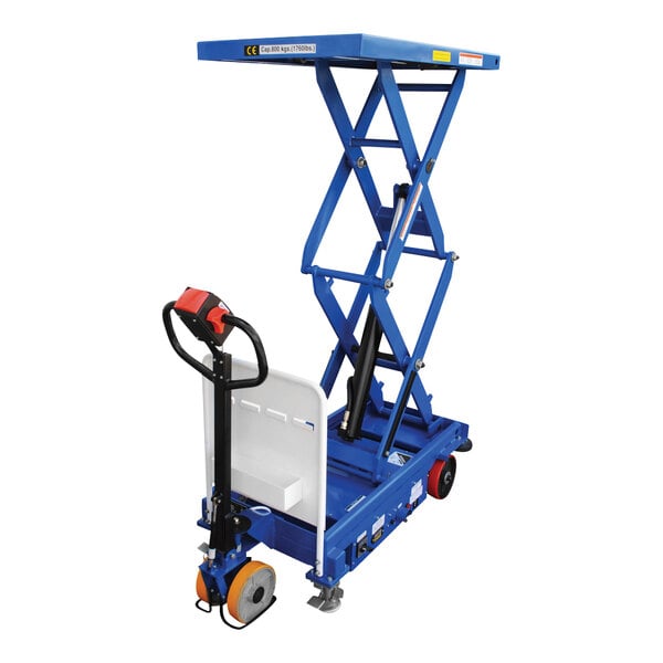 A blue Vestil lift cart with a white platform.