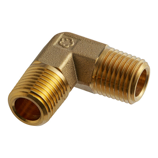 A gold brass threaded elbow connector.
