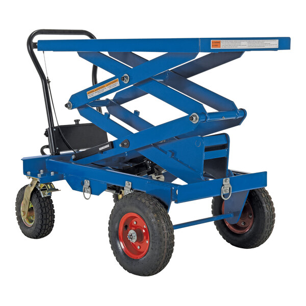 A blue Vestil hydraulic lift cart with black wheels.