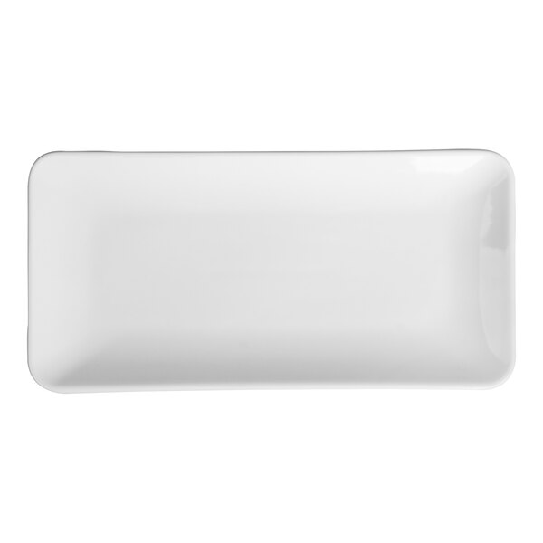 A white rectangular porcelain platter with a curved edge.