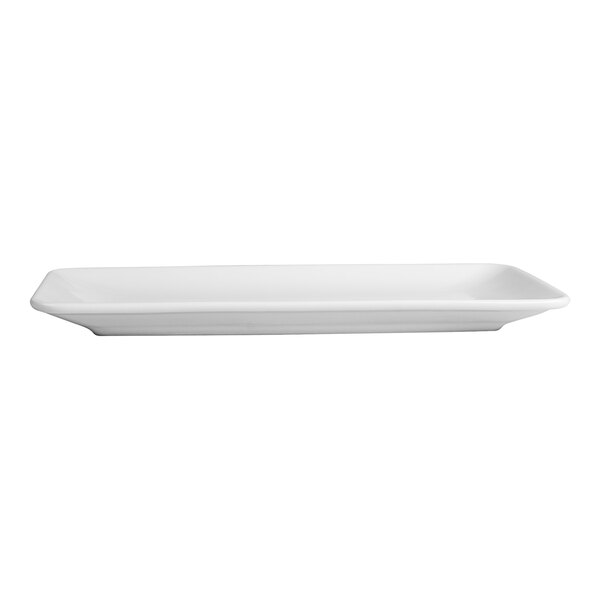 A white rectangular porcelain platter with a rounded edge.